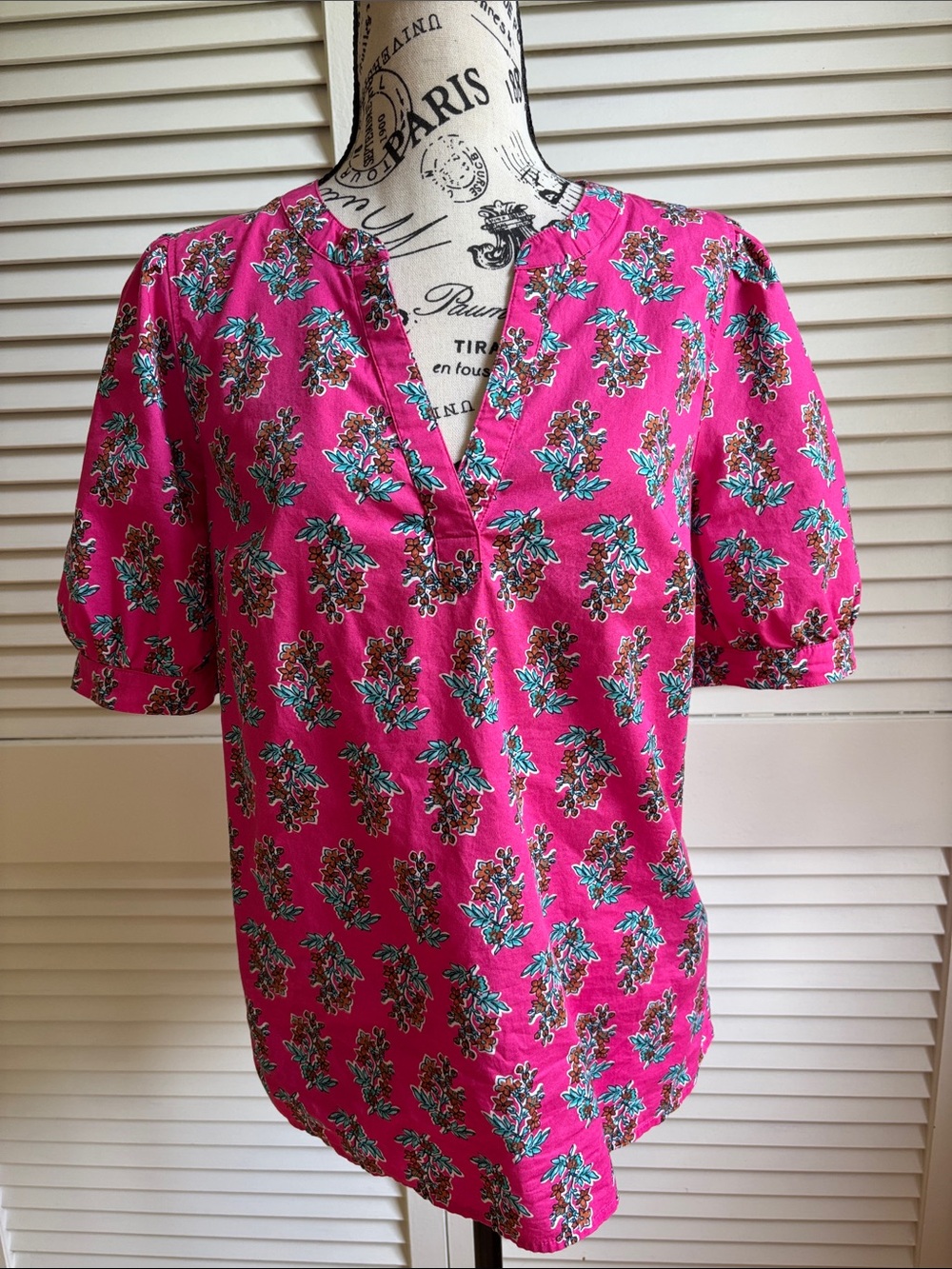J.Crew Pink Floral Puff Sleeve Split Neck Cotton Top Size M